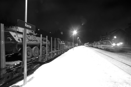 One of several transportation options for moving U.S. Marine Corps fighting vehicles and equipment is by train. Rena, Norway was the location where Light Armored Vehicles were loaded after training with the Telemark Battalion.  The crews are now trained and the vehicles have been tested in harsh winter conditions.  They will join the host nation of Norway along with the other 10 participating nations for Exercise Cold Response set to begin on the 29th. The exercise will feature maritime, land, and air operations to underscore NATO's ability to defend against any threat in any environment.  The location in central Norway provides a unique, extreme cold-weather environment for all forces involved to develop tactics, techniques, and procedures and learn from one another.