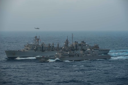 160222-N-BR087-199 PHILIPPINE SEA (Feb. 22, 2016) - Japanese Maritime Self-Defense Force Murasame-class destroyer JDS Samidare (DD-106) receives an advanced biofuel mixture from the fast combat support ship USNS Rainier (T-AOE 7) during a replenishment at sea. Providing a ready force supporting security and stability in the Indo-Asia-Pacific, the John C. Stennis Strike Group is operating as part of the Great Green Fleet on a regularly scheduled 7th Fleet deployment. (U.S. Navy photo by Mass Communication Specialist Seaman Cole C. Pielop/Released)