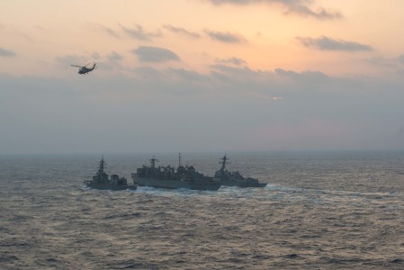 160222-N-BR087-222 PHILIPPINE SEA (Feb. 22, 2016) - Japanese Maritime Self-Defense Force Murasame-class destroyer JDS Samidare (DD-106) and the guided-missile destroyer USS Stockdale (DDG 106) receive an advanced biofuel mixture from the fast combat support ship USNS Rainier (T-AOE 7) during a replenishment at sea. Providing a ready force supporting security and stability in the Indo-Asia-Pacific, the John C. Stennis Strike Group is operating as part of the Great Green Fleet on a regularly scheduled 7th Fleet deployment. (U.S. Navy photo by Mass Communication Specialist Seaman Cole C. Pielop/Released)
