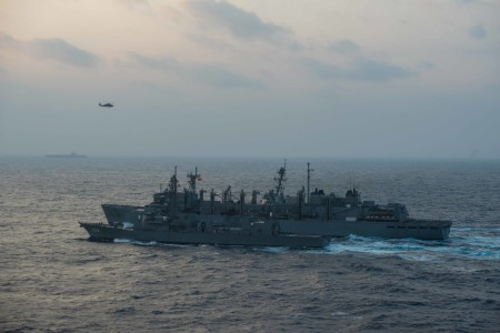 160222-N-BR087-241 PHILIPPINE SEA (Feb. 22, 2016) - Japanese Maritime Self-Defense Force Murasame-class destroyer JDS Samidare (DD-106) and the guided-missile destroyer USS Stockdale (DDG 106) receive an advanced biofuel mixture from the fast combat support ship USNS Rainier (T-AOE 7) during a replenishment at sea. Providing a ready force supporting security and stability in the Indo-Asia-Pacific, the John C. Stennis Strike Group is operating as part of the Great Green Fleet on a regularly scheduled 7th Fleet deployment. (U.S. Navy photo by Mass Communication Specialist Seaman Cole C. Pielop/Released)