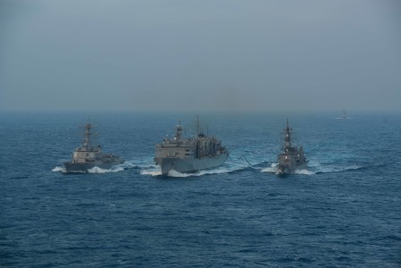 160222-N-BR087-257 PHILIPPINE SEA (Feb. 22, 2016) - Japanese Maritime Self-Defense Force Murasame-class destroyer JDS Samidare (DD-106) and the guided-missile destroyer USS Stockdale (DDG 106) receive an advanced biofuel mixture from the fast combat support ship USNS Rainier (T-AOE 7) during a replenishment at sea. Providing a ready force supporting security and stability in the Indo-Asia-Pacific, the John C. Stennis Strike Group is operating as part of the Great Green Fleet on a regularly scheduled 7th Fleet deployment. (U.S. Navy photo by Mass Communication Specialist Seaman Cole C. Pielop/Released)