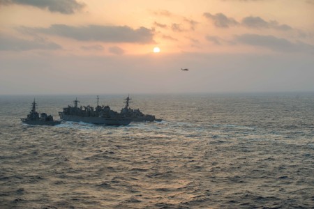 160222-N-BR087-300 PHILIPPINE SEA (Feb. 22, 2016) - Japanese Maritime Self-Defense Force Murasame-class destroyer JDS Samidare (DD-106) and the guided-missile destroyer USS Stockdale (DDG 106) receive an advanced biofuel mixture from the fast combat support ship USNS Rainier (T-AOE 7) during a replenishment at sea. Providing a ready force supporting security and stability in the Indo-Asia-Pacific, the John C. Stennis Strike Group is operating as part of the Great Green Fleet on a regularly scheduled 7th Fleet deployment. (U.S. Navy photo by Mass Communication Specialist Seaman Cole C. Pielop/Released)