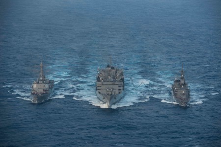 160222-N-BR087-358 PHILIPPINE SEA (Feb. 22, 2016) - Japanese Maritime Self-Defense Force Murasame-class destroyer JDS Samidare (DD-106) and the guided-missile destroyer USS Stockdale (DDG 106) receive an advanced biofuel mixture from the fast combat support ship USNS Rainier (T-AOE 7) during a replenishment at sea. Providing a ready force supporting security and stability in the Indo-Asia-Pacific, the John C. Stennis Strike Group is operating as part of the Great Green Fleet on a regularly scheduled 7th Fleet deployment. (U.S. Navy photo by Mass Communication Specialist Seaman Cole C. Pielop/Released)