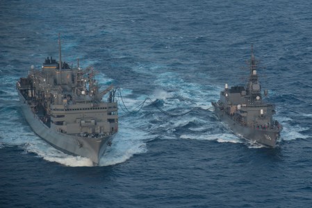 160222-N-BR087-362 PHILIPPINE SEA (Feb. 22, 2016) - Japanese Maritime Self-Defense Force Murasame-class destroyer JDS Samidare (DD-106) receives an advanced biofuel mixture from the fast combat support ship USNS Rainier (T-AOE 7) during a replenishment at sea. Providing a ready force supporting security and stability in the Indo-Asia-Pacific, the John C. Stennis Strike Group is operating as part of the Great Green Fleet on a regularly scheduled 7th Fleet deployment. (U.S. Navy photo by Mass Communication Specialist Seaman Cole C. Pielop/Released)