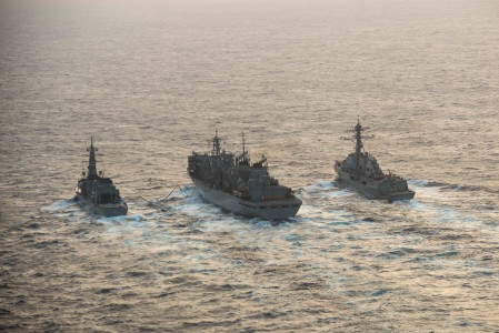 160222-N-BR087-382 PHILIPPINE SEA (Feb. 22, 2016) - Japanese Maritime Self-Defense Force Murasame-class destroyer JDS Samidare (DD-106) and the guided-missile destroyer USS Stockdale (DDG 106) receive an advanced biofuel mixture from the fast combat support ship USNS Rainier (T-AOE 7) during a replenishment at sea. Providing a ready force supporting security and stability in the Indo-Asia-Pacific, the John C. Stennis Strike Group is operating as part of the Great Green Fleet on a regularly scheduled 7th Fleet deployment. (U.S. Navy photo by Mass Communication Specialist Seaman Cole C. Pielop/Released)