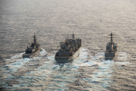 160222-N-BR087-459 PHILIPPINE SEA (Feb. 22, 2016) - Japanese Maritime Self-Defense Force Murasame-class destroyer JDS Samidare (DD-106) and the guided-missile destroyer USS Stockdale (DDG 106) receive an advanced biofuel mixture from the fast combat support ship USNS Rainier (T-AOE 7) during a replenishment at sea. Providing a ready force supporting security and stability in the Indo-Asia-Pacific, the John C. Stennis Strike Group is operating as part of the Great Green Fleet on a regularly scheduled 7th Fleet deployment. (U.S. Navy photo by Mass Communication Specialist Seaman Cole C. Pielop/Released)