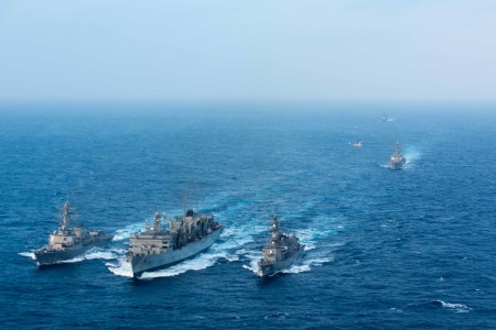 160222-N-BR087-643 PHILIPPINE SEA (Feb. 22, 2016) - Japanese Maritime Self-Defense Force Murasame-class destroyer JDS Samidare (DD-106) and the guided-missile destroyer USS Stockdale (DDG 106) receive an advanced biofuel mixture from the fast combat support ship USNS Rainier (T-AOE 7) during a replenishment at sea while the guided-missile destroyer USS Chung-Hoon (DDG 93) and the guided-missile cruiser USS Mobile Bay (CG 53) approach from behind. Providing a ready force supporting security and stability in the Indo-Asia-Pacific, the John C. Stennis Strike Group is operating as part of the Great Green Fleet on a regularly scheduled 7th Fleet deployment. (U.S. Navy photo by Mass Communication Specialist Seaman Cole C. Pielop/Released)