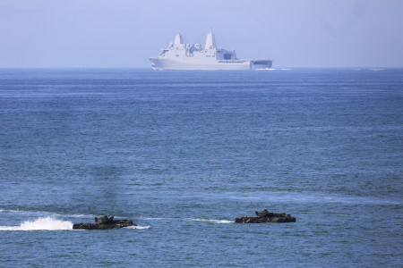 Amphibious assault vehicles (AAVs) move ashore during a battalion-sized amphibious landing exercise (PHIBLEX) for Exercise Iron Fist 2016. PHIBLEX is a ship-to-shore movement via AAVs from the USS Somerset (LPD 25) onto the beaches of Marine Corps Base Camp Pendleton. Iron Fist is an annual, bilateral amphibious training exercise designed to improve USMC and JGSDF’s ability to plan, communicate and conduct combined amphibious operations at the platoon, company and battalion levels. (U.S. Marine Corps photo by Cpl. April L. Price/Released)