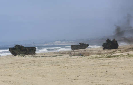 Amphibious assault vehicles set up a security perimeter after coming ashore during a battalion-sized amphibious landing exercise (PHIBLEX) for Exercise Iron Fist 2016. PHIBLEX is a ship-to-shore landing exercise involving U.S. Marines, sailors and Japanese soldiers, launched from the USS Somerset (LPD 25), onto the beaches of Marine Corps Base Camp Pendleton. Capable maritime forces help ensure stability and prosperity around the world, and bilateral exercises, like Iron Fist, help partner nations improve their own maritime capability. (U.S. Marine Corps photo by Cpl. April L. Price/Released)
