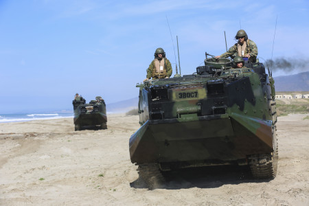 Marines with 3d Assault Amphibian Battalion, 1st Marine Division, 1st Marine Division, I Marine Expeditionary Force position amphibious assault vehicles for security during the amphibious landing exercise (PHIBLEX) for Exercise Iron Fist 2016. PHIBLEX was conducted from the USS Somerset (LPD 25) to the beaches of Marine Corps Base Camp Pendleton. Iron Fist is an annual, bilateral amphibious training exercise designed to improve USMC and JGSDF’s ability to plan, communicate and conduct combined amphibious operations at the platoon, company and battalion levels. (U.S. Marine Corps photo by Cpl. April L. Price/Released)