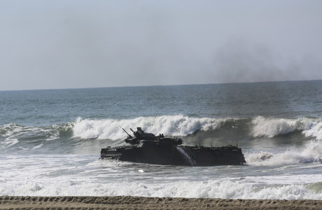 An amphibious assault vehicle comes ashore during the amphibious landing exercise (PHIBLEX) during Exercise Iron Fist 2016, Feb. 26, 2016. Capable maritime forces help ensure stability and prosperity around the world, and bilateral exercises, like Iron Fist, help partner nations improve their own maritime capability. (U.S. Marine Corps photo by Cpl. April L. Price/Released)
