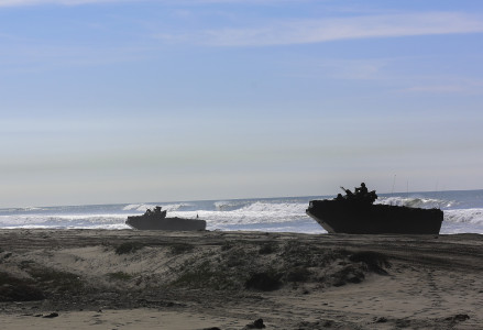 Amphibious assault vehicles come ashore during the amphibious landing exercise (PHIBLEX) for Exercise Iron Fist 2016, Feb. 26, 2016. This bilateral amphibious training exercise between the U.S. Marine Corps and the Japan Ground Self-Defense Force provides Marines and sailors’ valuable training with warriors from another culture, and builds operational amphibious capability between the U.S. and Japanese militaries.  (U.S. Marine Corps photo by Cpl. April L. Price/Released)