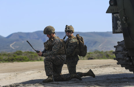 Marines with 1st Battalion, 4th Marine Regiment, and 3d Assault Amphibian Battalion,1st Marine Division, I Marine Expeditionary Force, check their communication connections during a scenario-based, battalion-sized amphibious landing exercise (PHIBLEX) for Exercise Iron Fist 2016, Feb. 26, 2016. Iron Fist is an annual, bilateral amphibious training exercise designed to improve USMC and JGSDF’s ability to plan, communicate and conduct combined amphibious operations at the platoon, company and battalion levels. (U.S. Marine Corps photo by Cpl. April L. Price/Released)